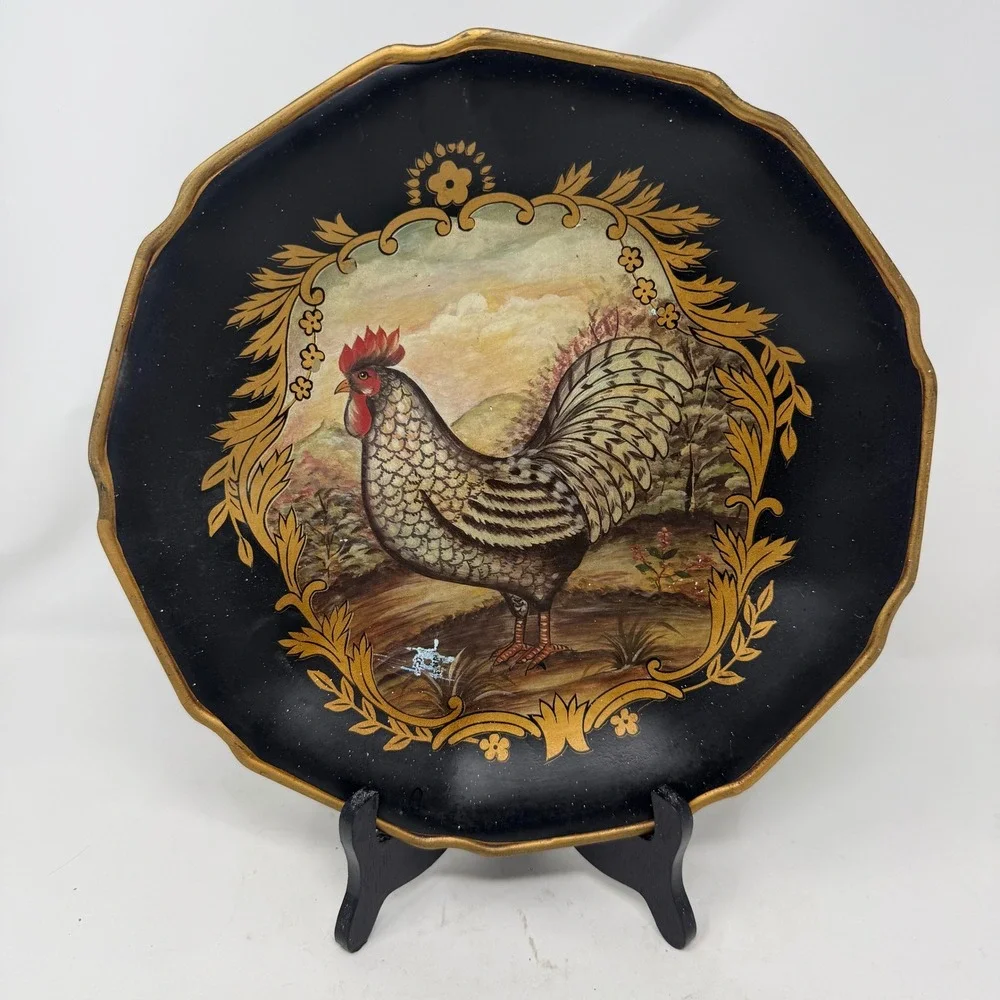 Vintage Rooster Decorative Display Plate Black Gold Scalloped Edge 12 Inch Stand